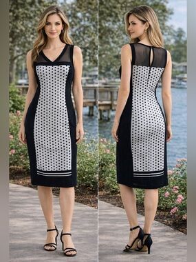 Picadilly Sleeveless Lite Grey/Black Sheath Dress Sheer shoulders & Back Sz.M